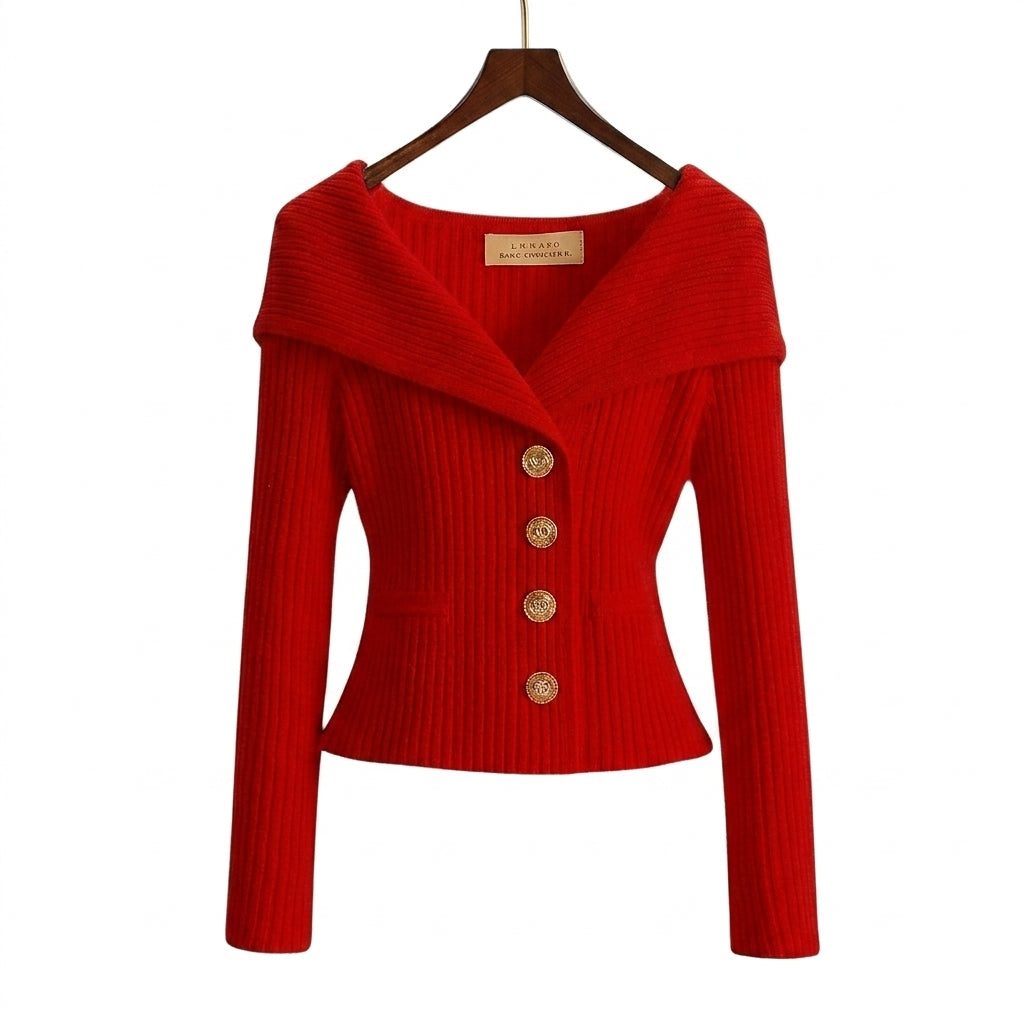 Gilet en maille côtelée femme à col bardot et boutons dorés