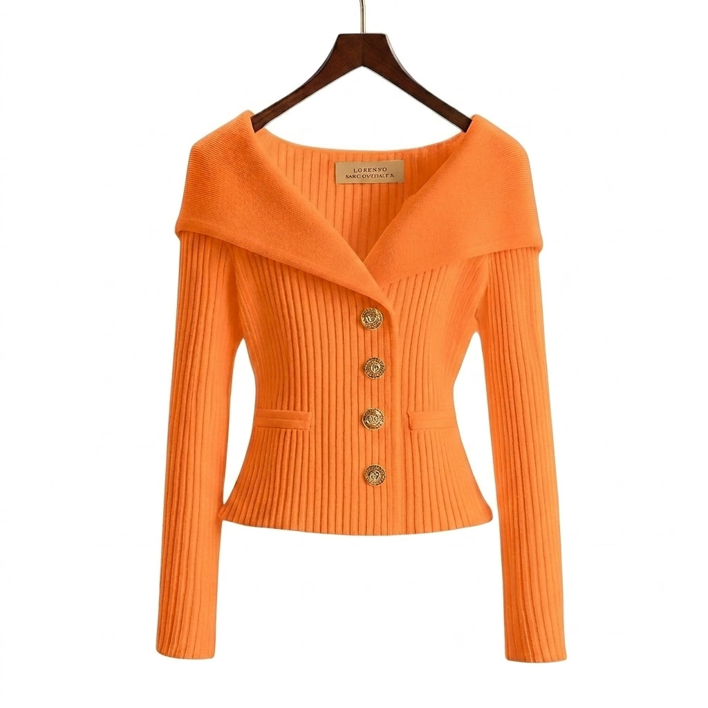 Gilet en maille côtelée femme à col bardot et boutons dorés