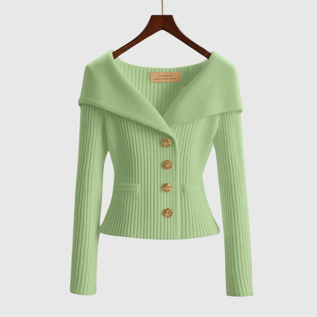 Gilet en maille côtelée femme à col bardot et boutons dorés