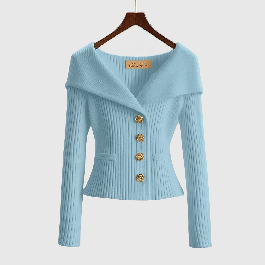 Gilet en maille côtelée femme à col bardot et boutons dorés