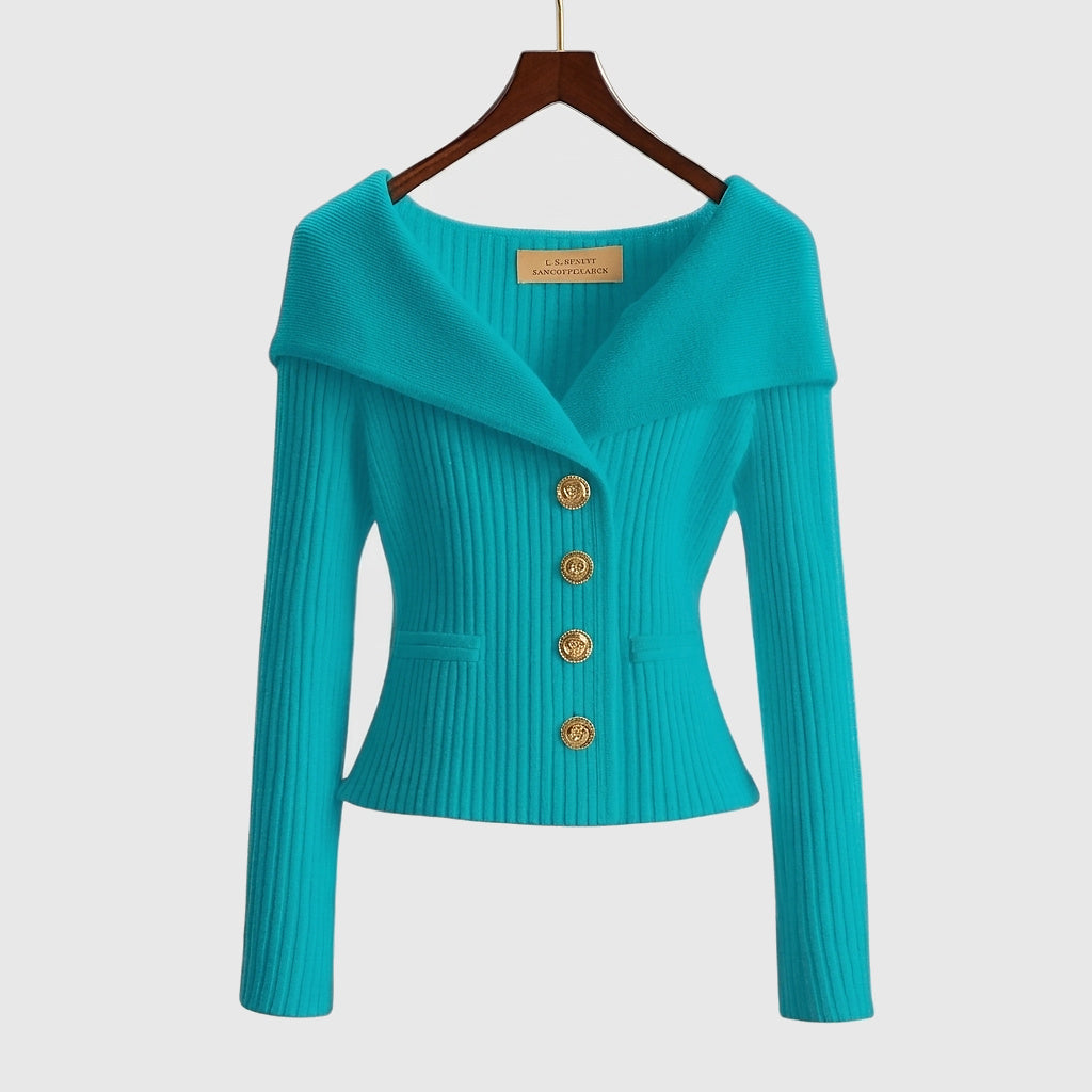 Gilet en maille côtelée femme à col bardot et boutons dorés