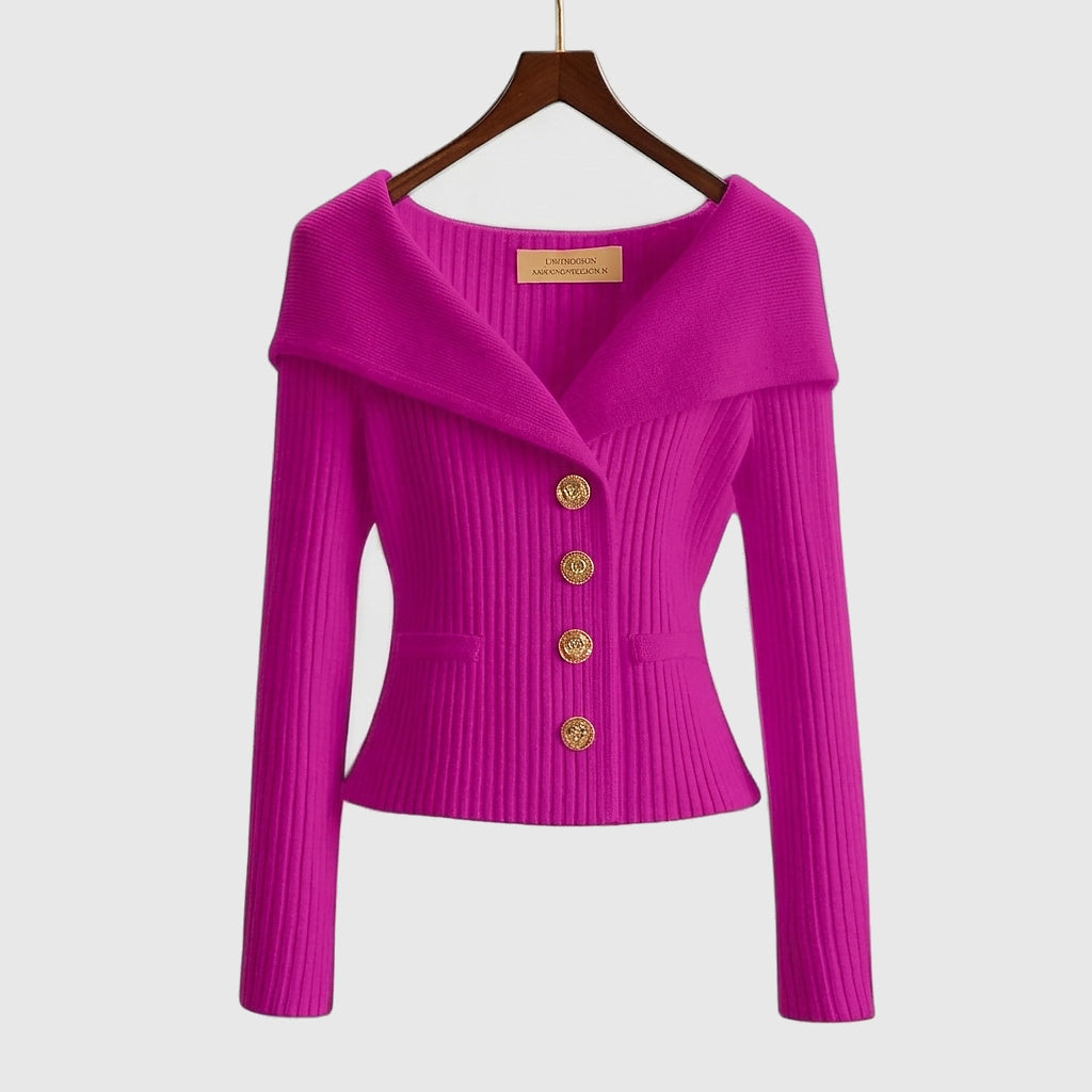Gilet en maille côtelée femme à col bardot et boutons dorés