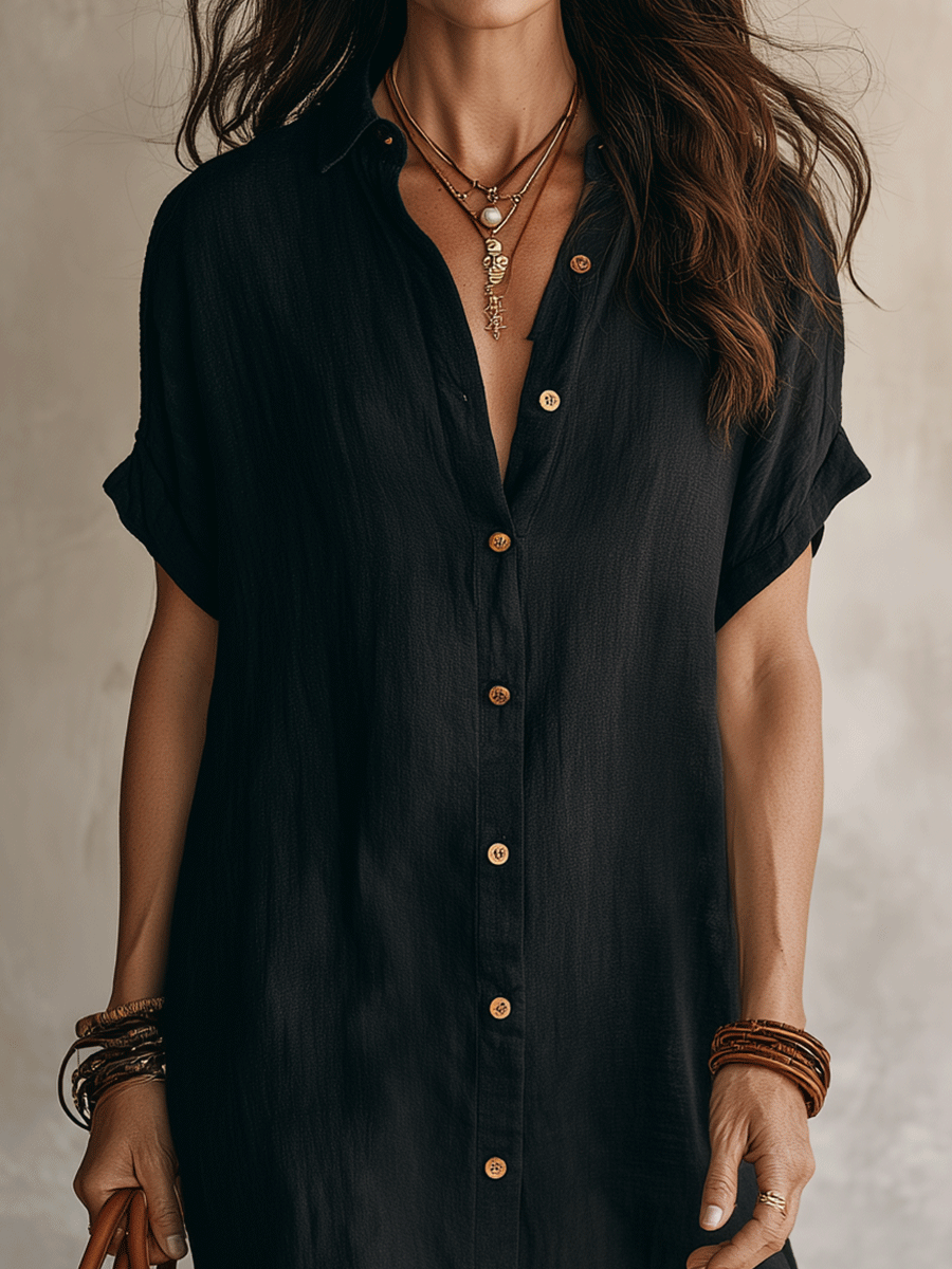 Robe chemise midi femme en lin et coton, boutonnée à manches courtes