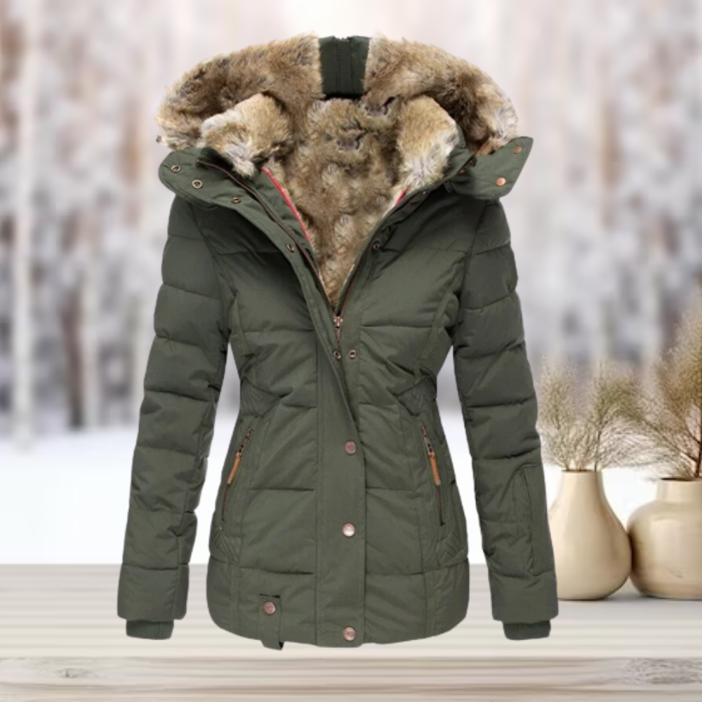 Doudoune femme courte cintrée à capuche amovible en fausse fourrure 3