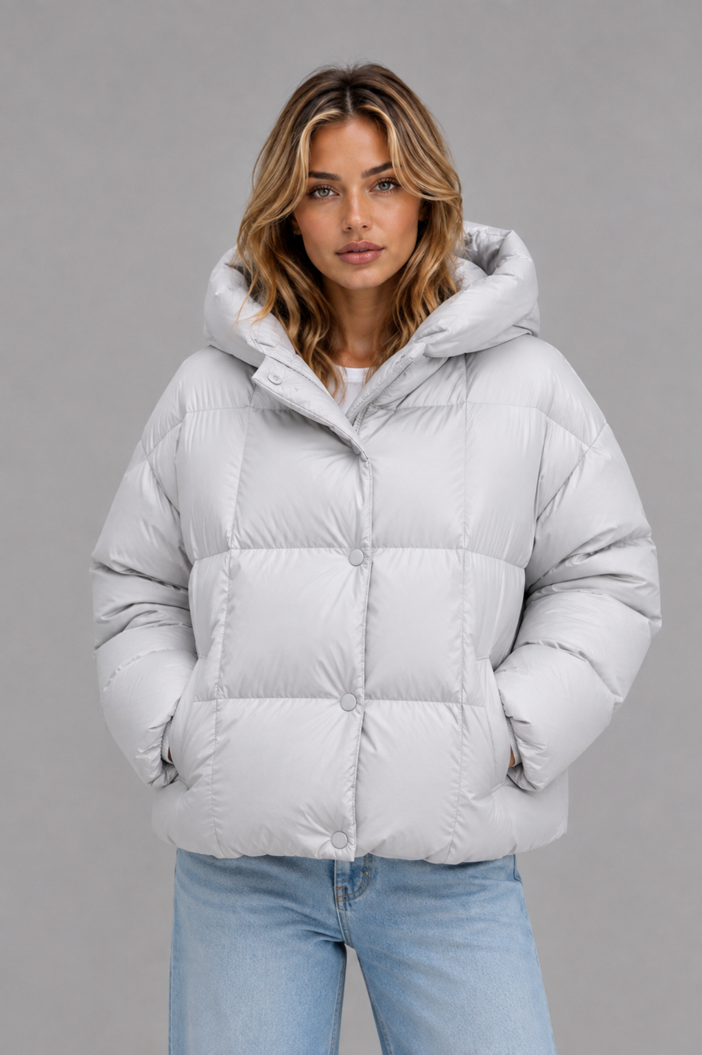 Doudoune femme courte oversize à capuche et col montant 3