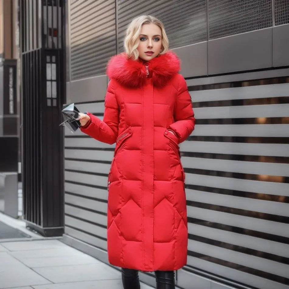 Doudoune femme longue à col en fausse fourrure amovible cintrée 4