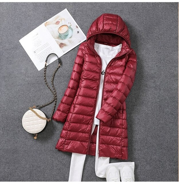 Doudoune longue femme ultra légère en duvet à capuche amovible et col montant 3