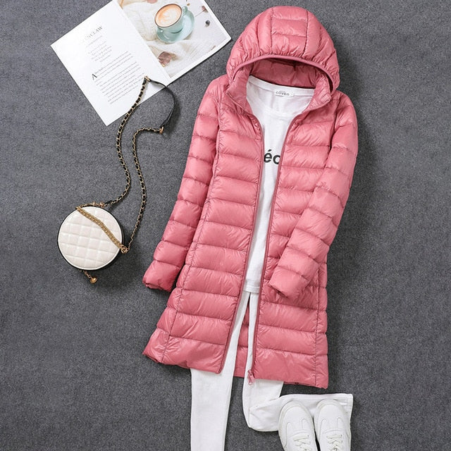 Doudoune longue femme ultra légère en duvet à capuche amovible et col montant 5