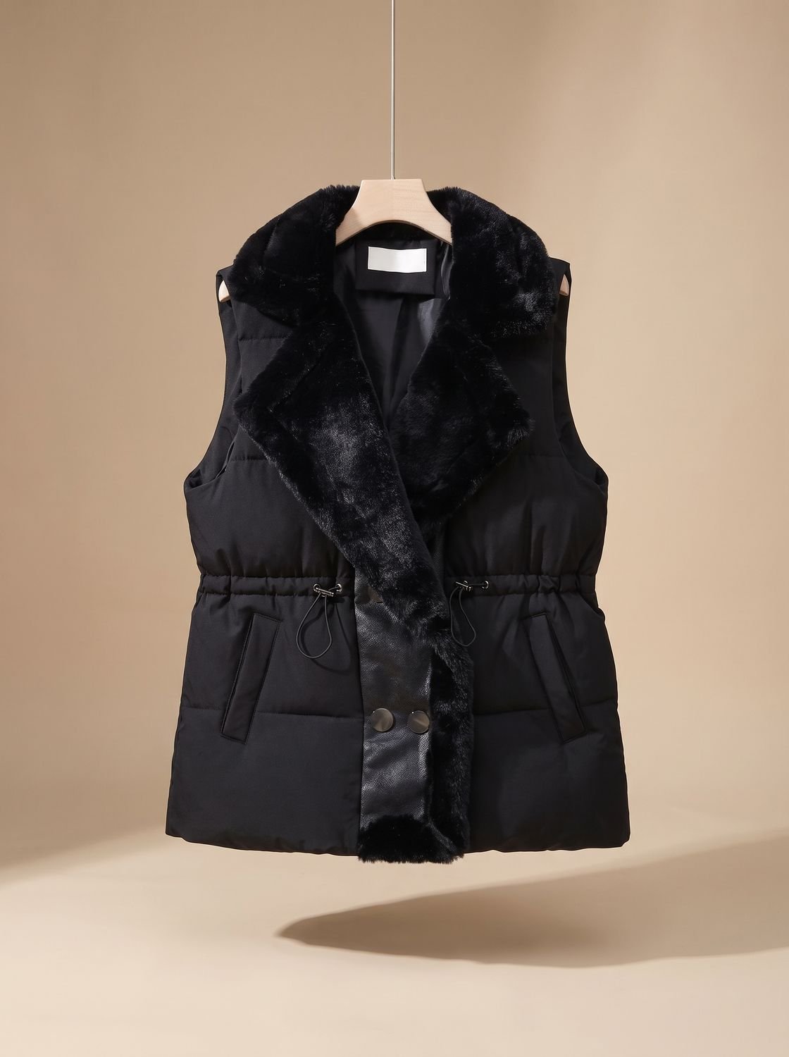 Doudoune sans manches femme col châle fausse fourrure taille à cordon 3