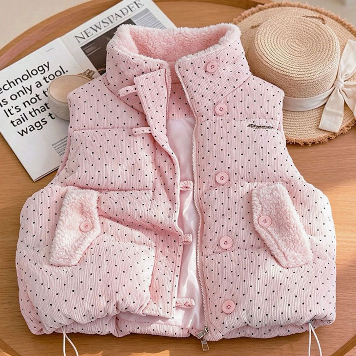 Doudoune sans manches femme col montant doublé peluche à pois 2
