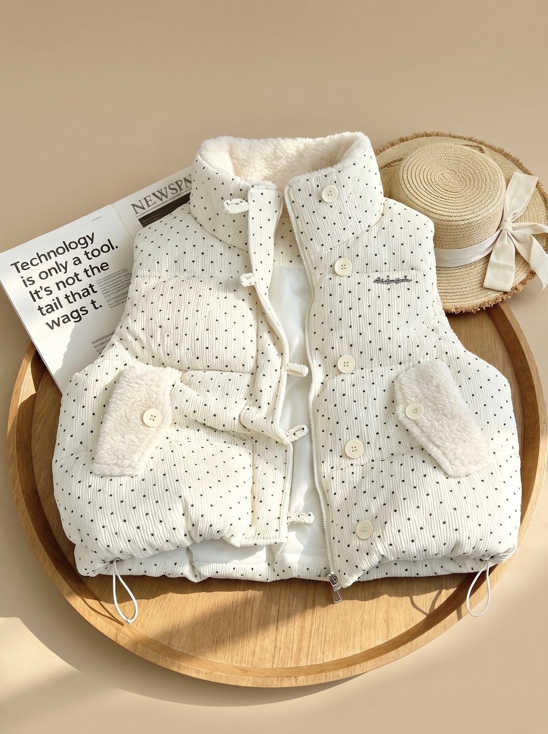 Doudoune sans manches femme col montant doublé peluche à pois 3