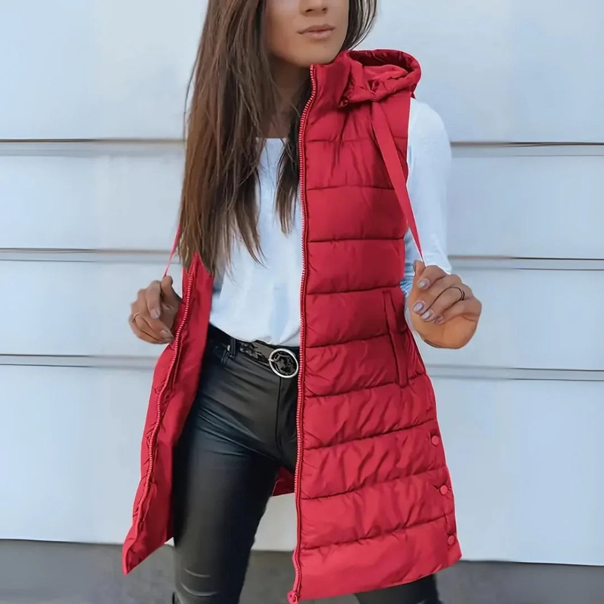 Doudoune sans manches femme longue à capuche zippée matelassée 6