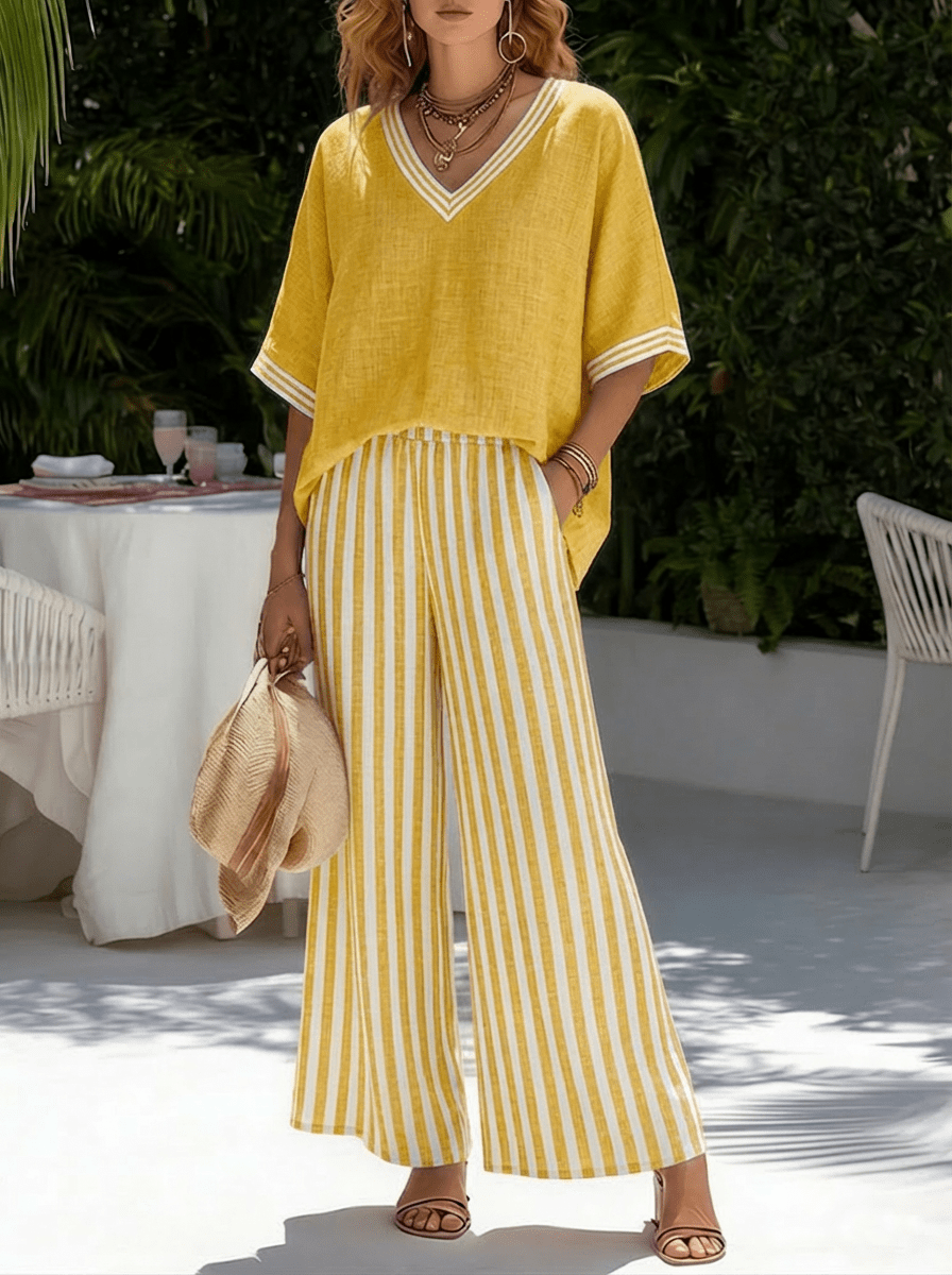 Ensemble femme en lin et coton à pantalon large rayé et haut col V