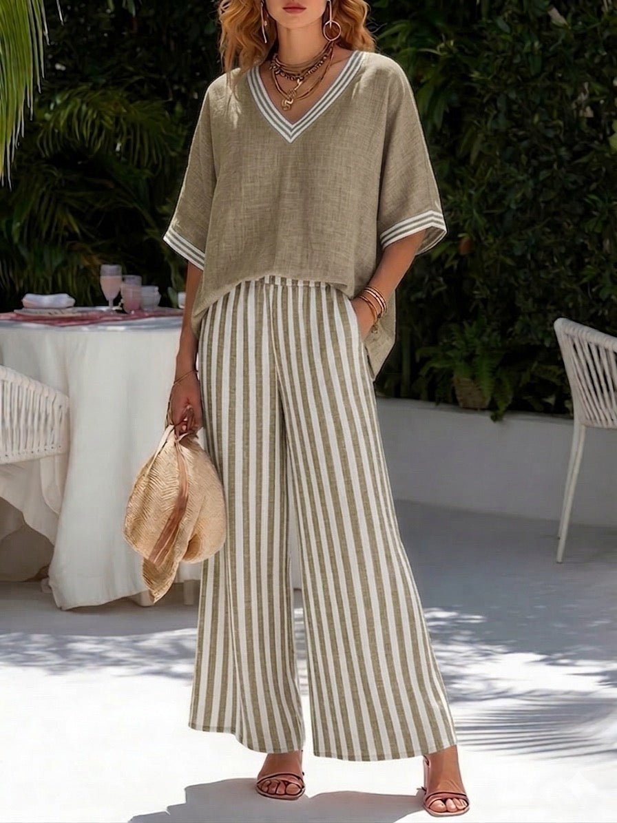 Ensemble femme en lin et coton à pantalon large rayé et haut col V