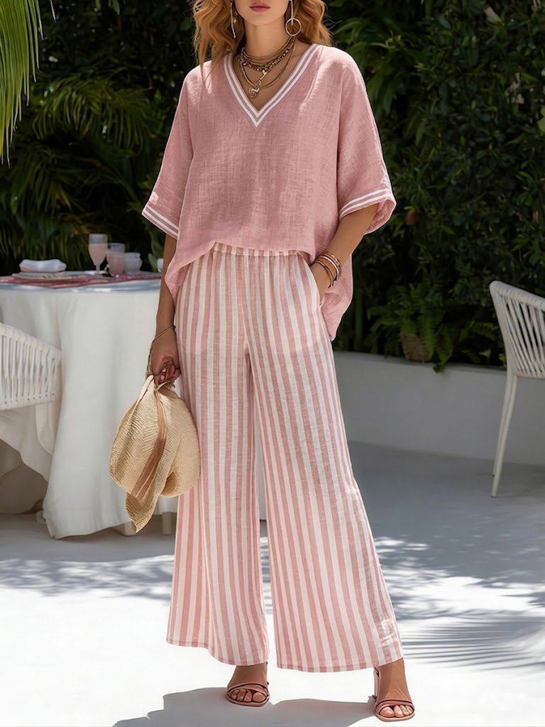Ensemble femme en lin et coton à pantalon large rayé et haut col V