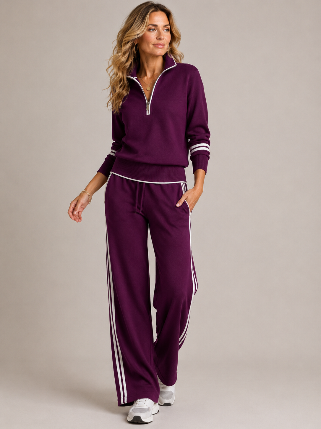 Ensemble deux pièces femme pull demi-zip col montant pantalon large rayé 2