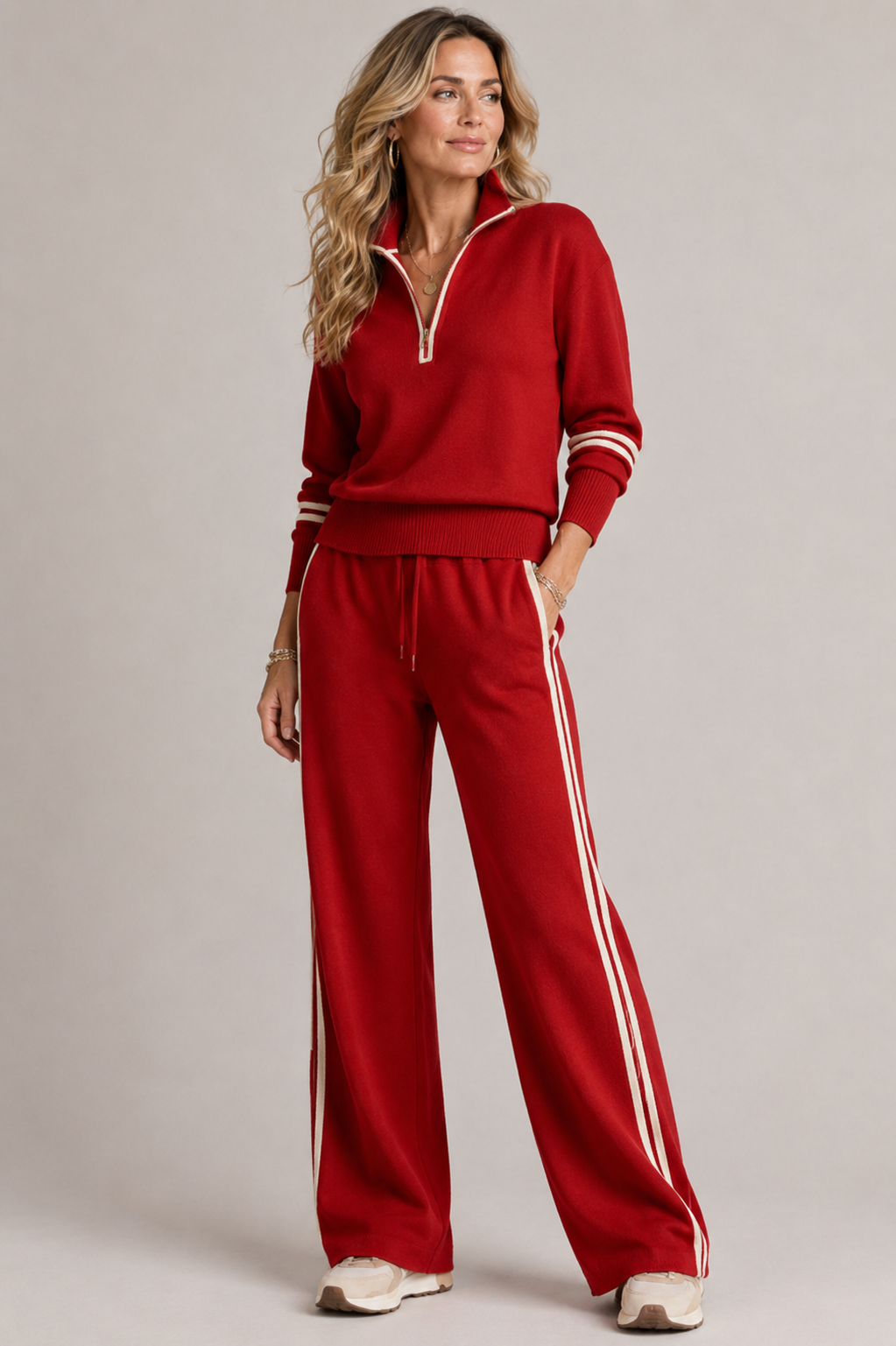 Ensemble deux pièces femme pull demi-zip col montant pantalon large rayé 4