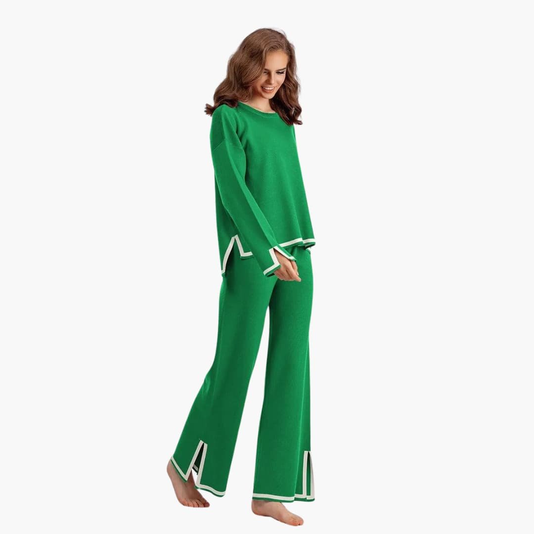 Ensemble femme deux pièces haut col rond et pantalon large à bords contrastants 13