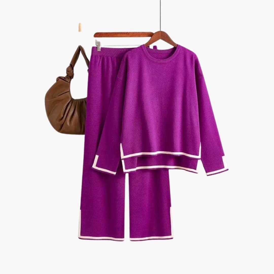 Ensemble femme deux pièces haut col rond et pantalon large à bords contrastants 4