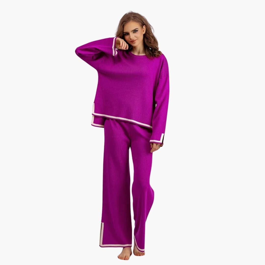 Ensemble femme deux pièces haut col rond et pantalon large à bords contrastants 5