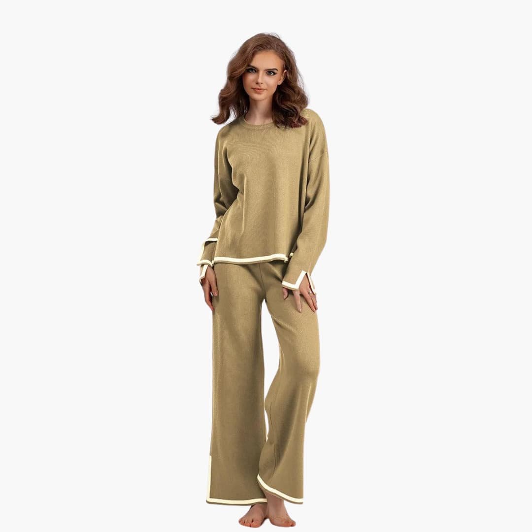 Ensemble femme deux pièces haut col rond et pantalon large à bords contrastants 8