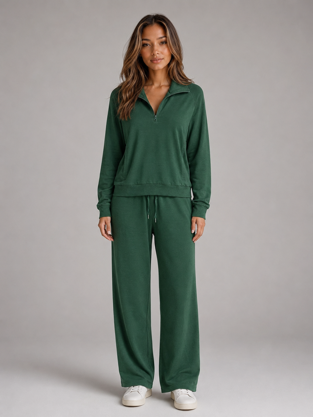 Ensemble femme deux pièces sweat demi-zip à col montant et pantalon large 4