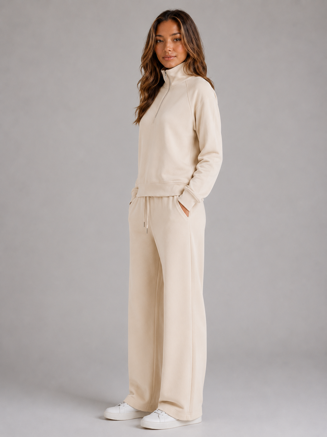 Ensemble femme deux pièces sweat demi-zip à col montant et pantalon large 6