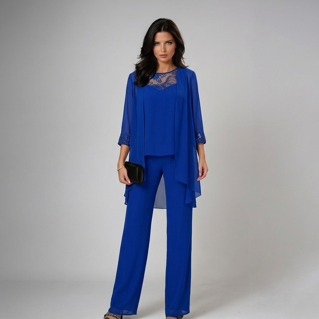 Ensemble trois pièces femme de cérémonie en dentelle veste transparente pantalon ample 1