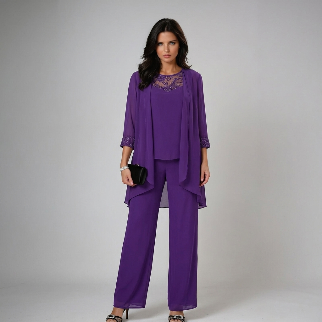 Ensemble trois pièces femme de cérémonie en dentelle veste transparente pantalon ample 3