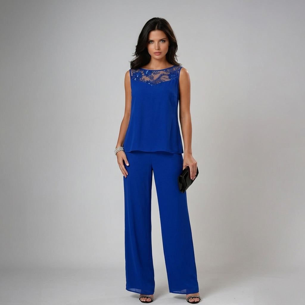 Ensemble trois pièces femme de cérémonie en dentelle veste transparente pantalon ample 5