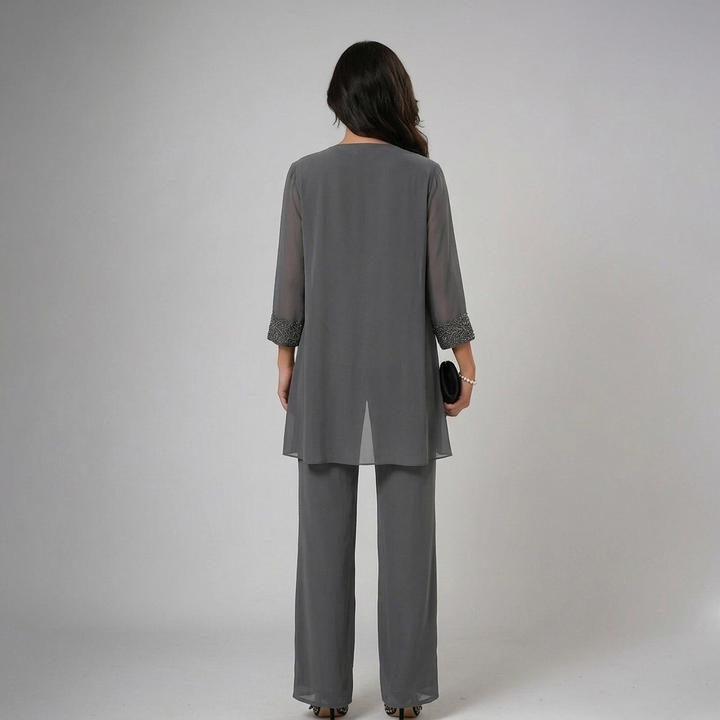 Ensemble trois pièces femme de cérémonie en dentelle veste transparente pantalon ample 7