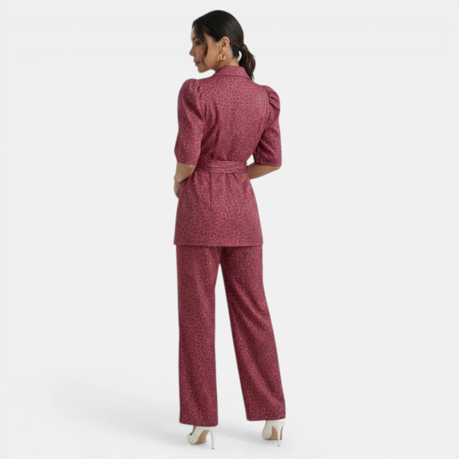 Ensemble femme deux pièces chic à manches bouffantes et pantalon droit