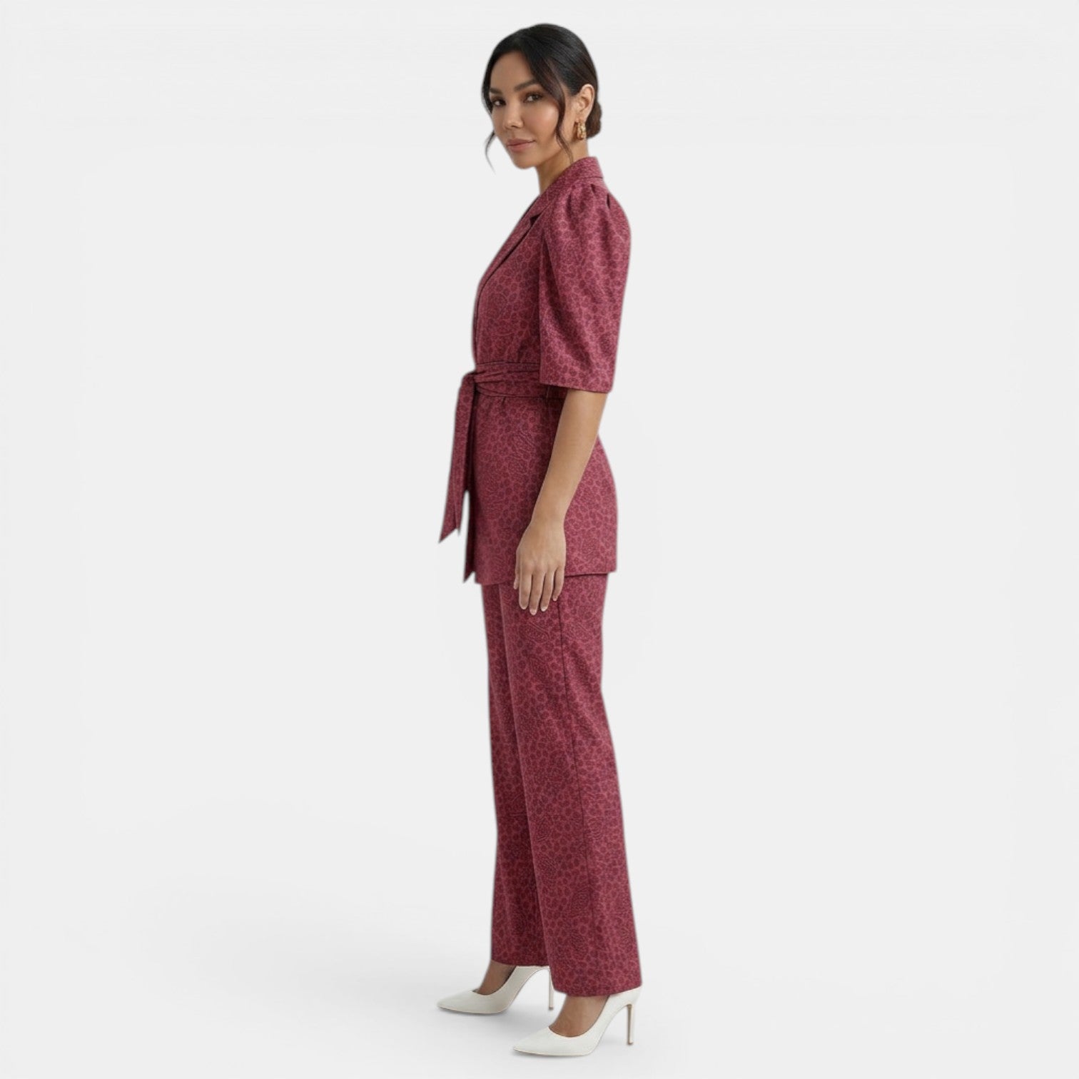 Ensemble femme deux pièces chic à manches bouffantes et pantalon droit