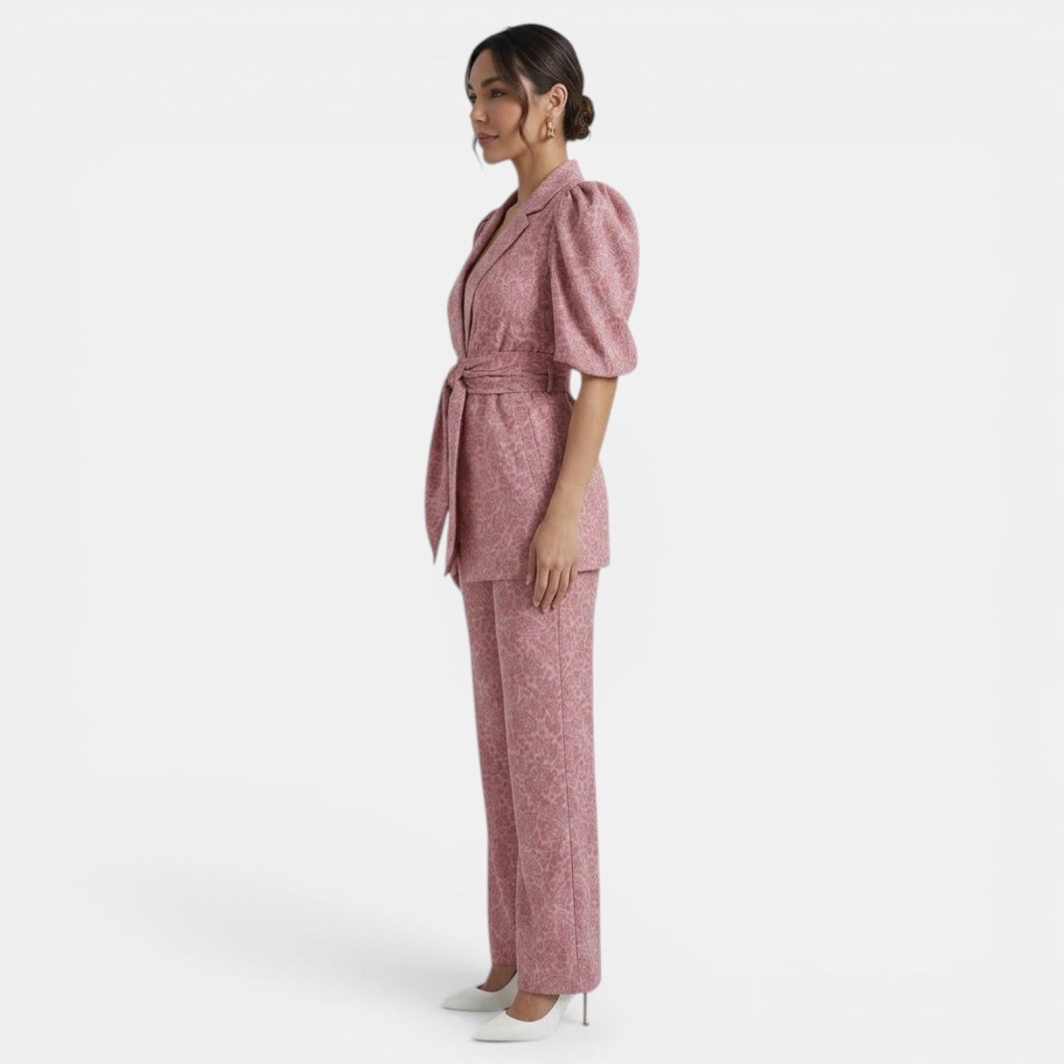 Ensemble femme deux pièces chic à manches bouffantes et pantalon droit