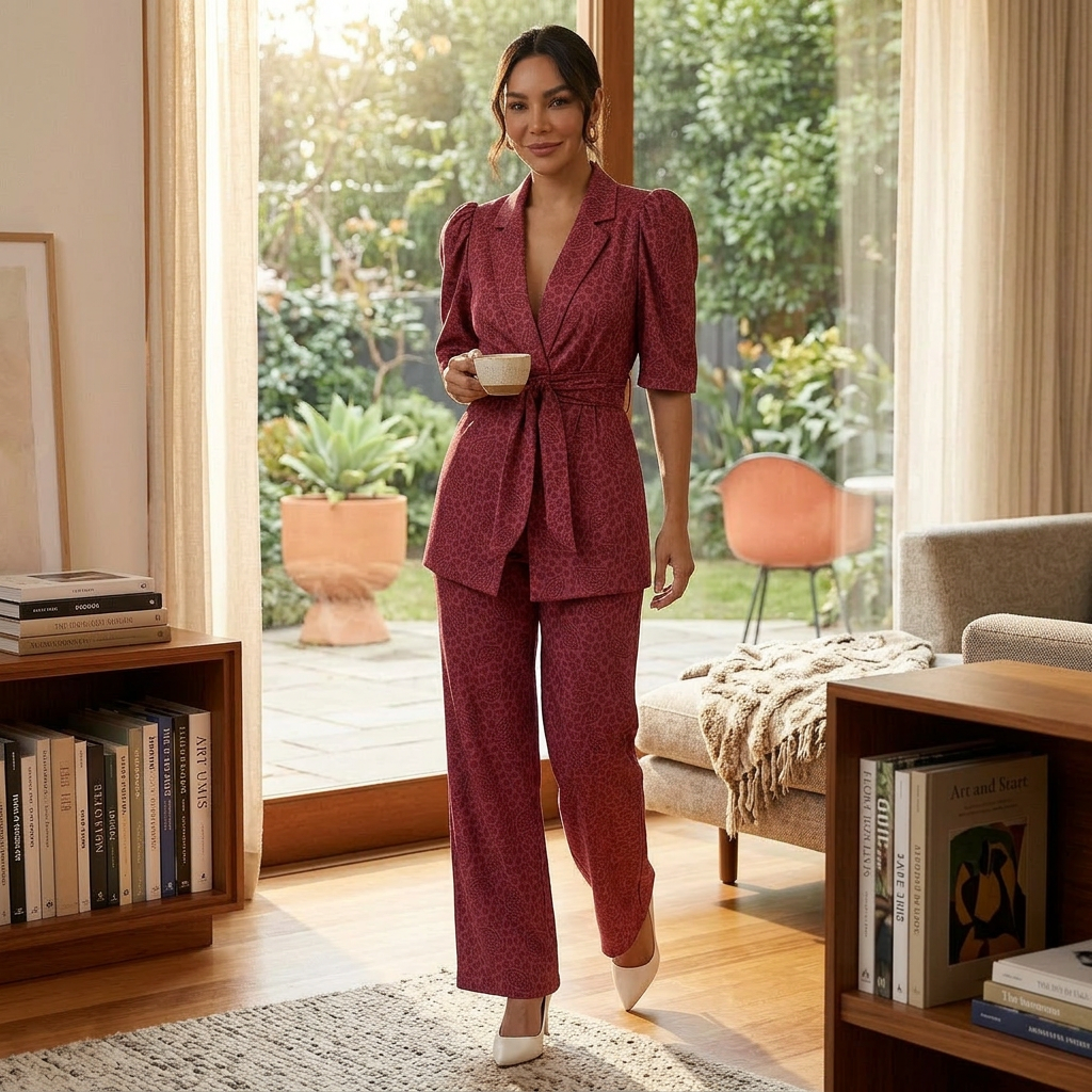 Ensemble femme deux pièces chic à manches bouffantes et pantalon droit