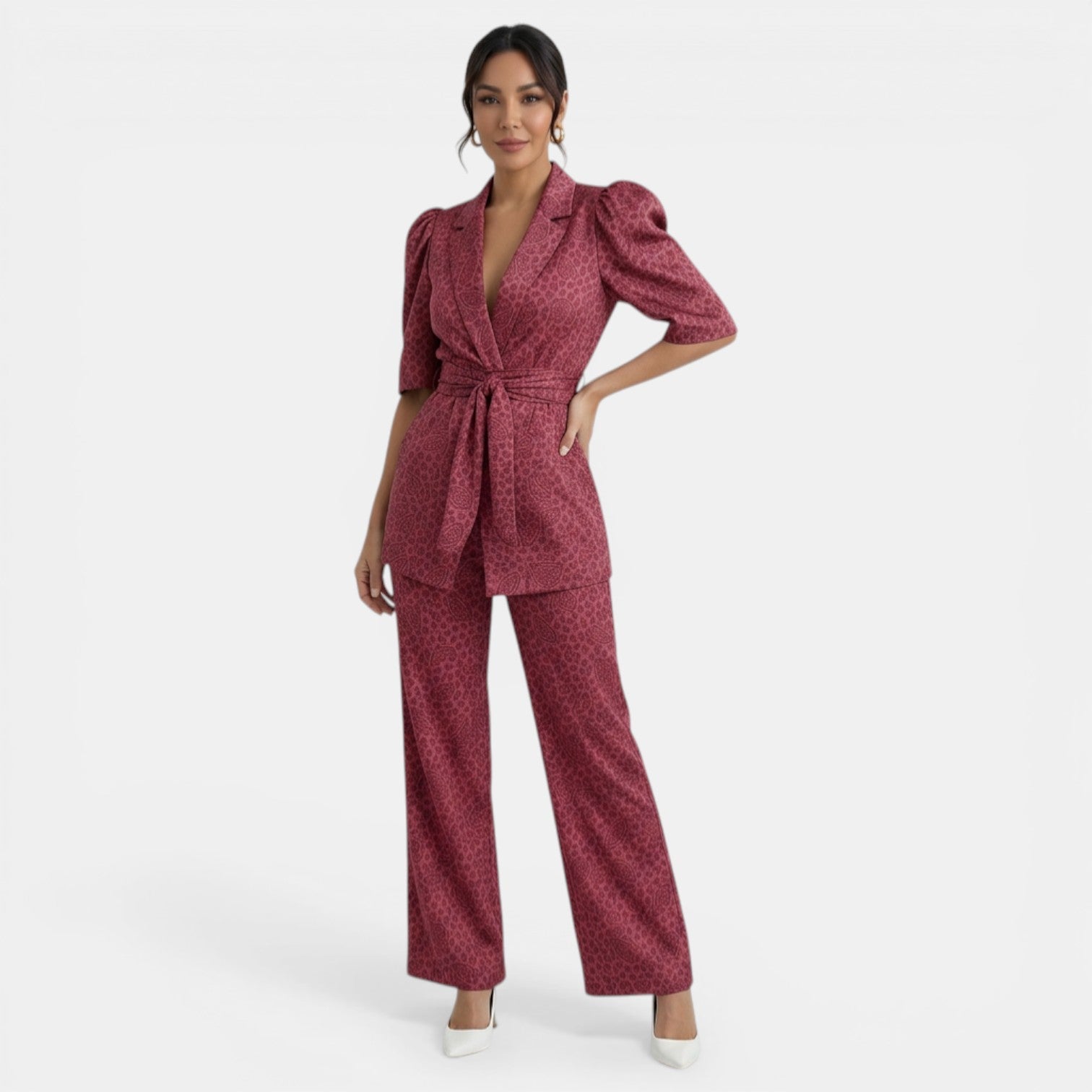 Ensemble femme deux pièces chic à manches bouffantes et pantalon droit