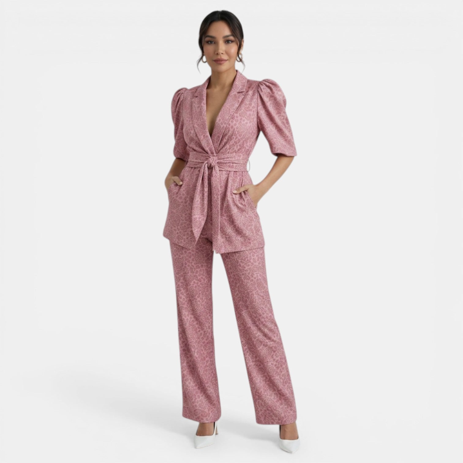 Ensemble femme deux pièces chic à manches bouffantes et pantalon droit