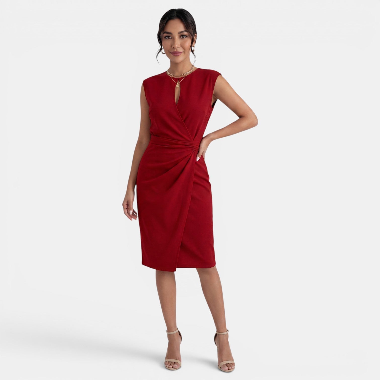 Robe midi drapée à col rond et détails ajourés