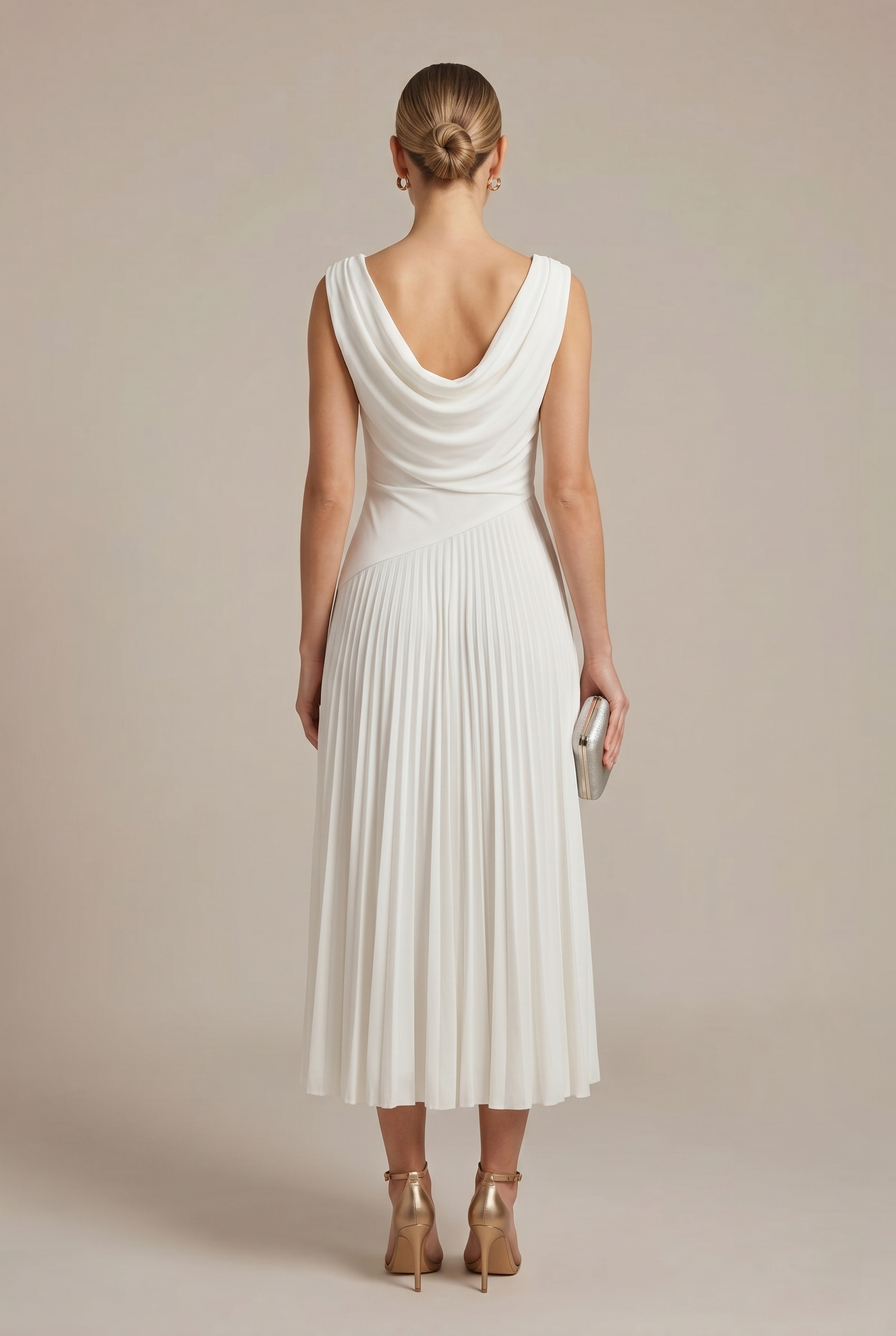 Robe midi sans manches à col drapé plissé femme