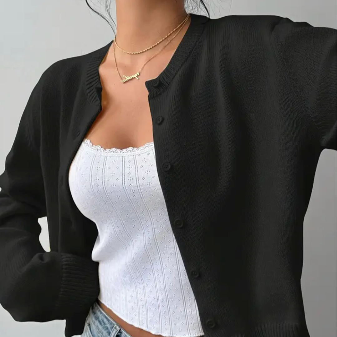 Gilet court femme boutonné à col rond en maille côtelée 4