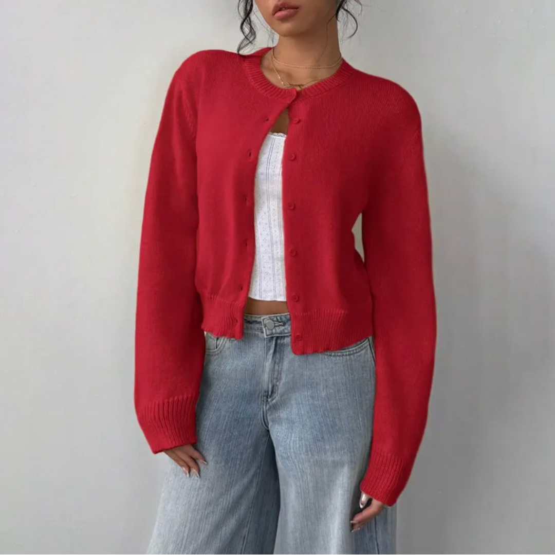 Gilet court femme boutonné à col rond en maille côtelée 7