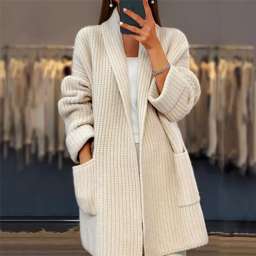 Gilet long en grosse maille femme ouvert à col châle 1