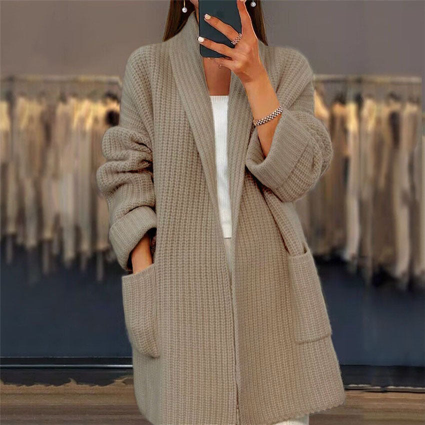 Gilet long en grosse maille femme ouvert à col châle 2