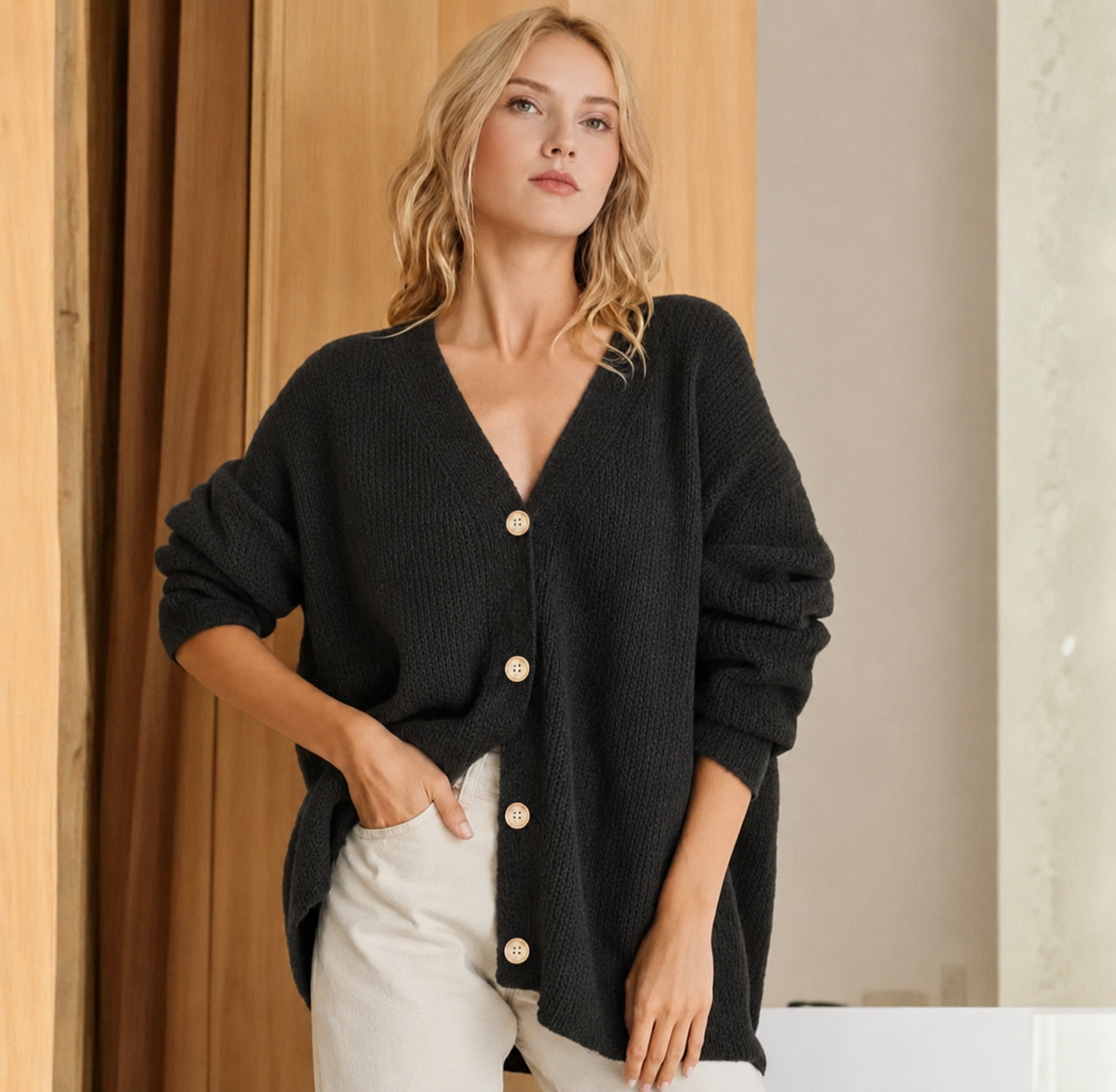 Gilet long femme oversize en maille côtelée boutonné à col V 3