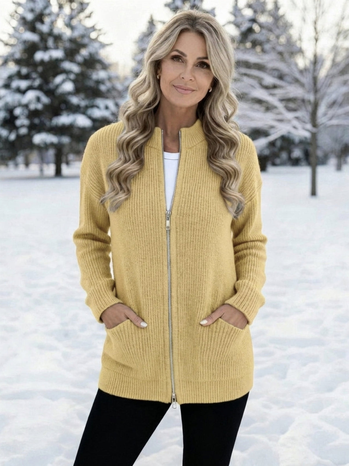 Gilet long zippé femme en maille côtelée à col montant avec poches 3