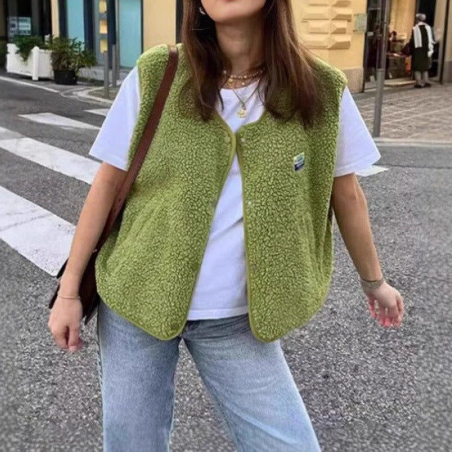 Gilet polaire femme en sherpa à col tailleur boutonné coupe droite 5