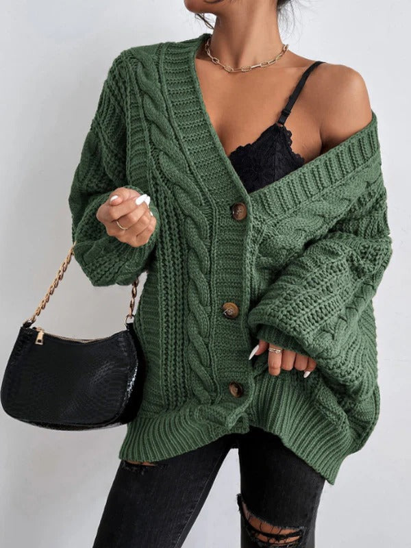 Gilet torsadé femme oversize en grosse maille boutonné à col V 2