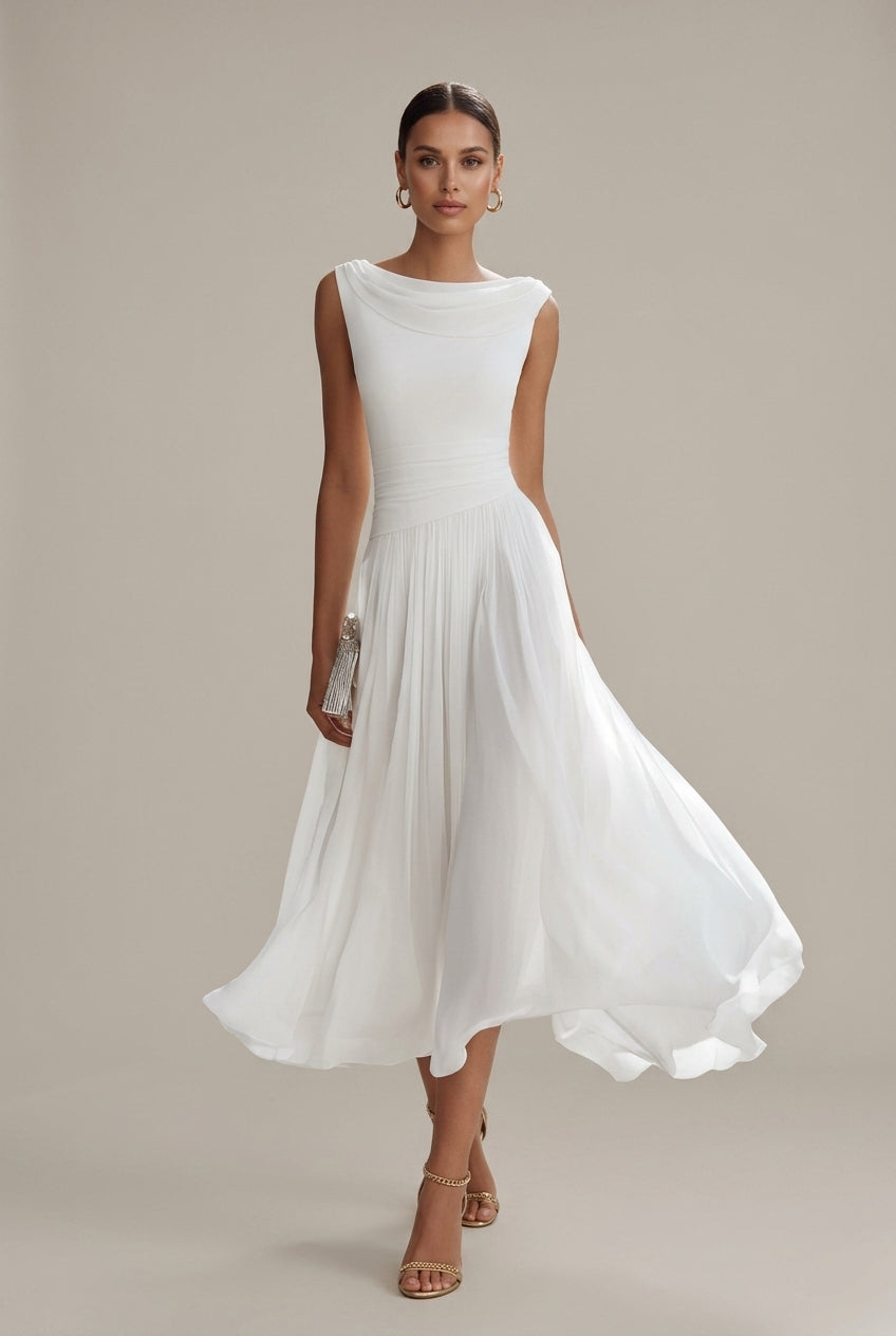 Robe midi sans manches à col drapé plissé femme