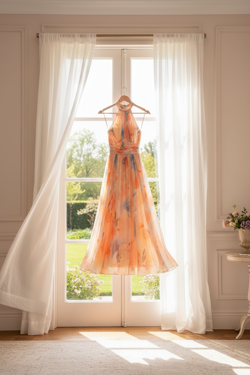 Robe maxi fleurie pêche fluide dos-nu invitée de mariage femme