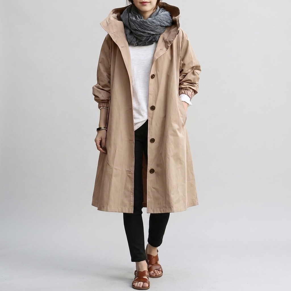 Trench à capuche femme oversize et déperlant avec manchettes élastiques et fermeture éclair 3